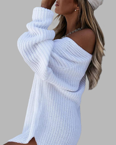 Loose Mid-length Off-shoulder V-neck Slit Knitted Sweater