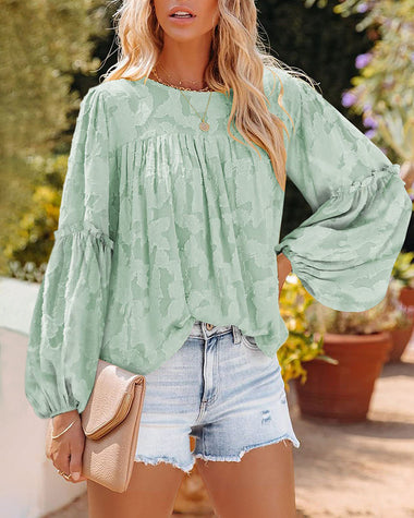 Long Bell Sleeve Blouses Crewneck Floral Lace Textured Babydoll Shirts Tops