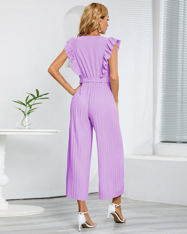 Casual Loose Jumpsuit V Neck Sleeveless Solid Ruffle Pleated Wide-leg Long Playsuit with Belt