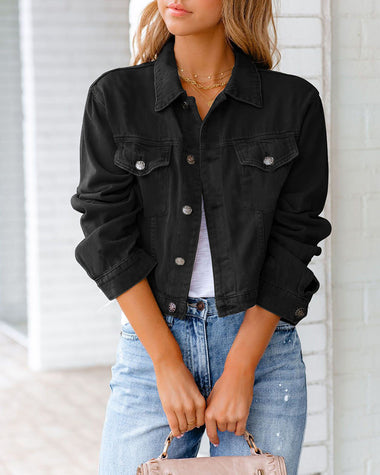 Long Sleeve Cropped Denim Jackets Black Button Closure Flap - Temu