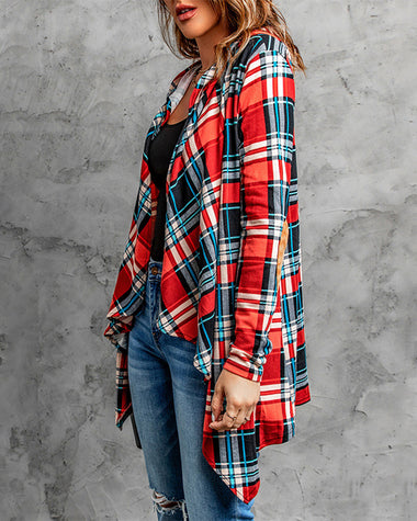 Elbow Patch Hooded Plaid Cardigan