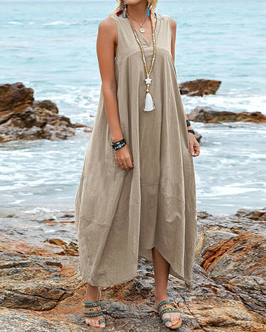 Dress V Neck Sundress Casual Solid Baggy Maxi Flowy Dresses with Pockets