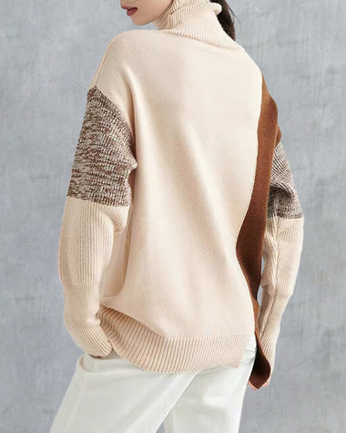 Color Stitching Pullover Wool Long Sleeve Loose Turtleneck Knit Sweater