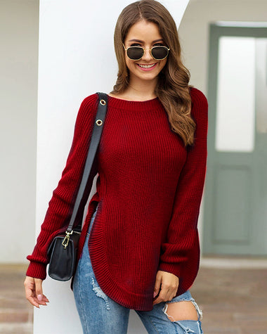 Crew Neck Long Sleeve Slit Pullover Knit Sweater