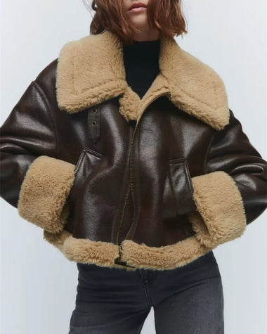 Insulated Faux Leather Jacket with Lapel Collar and Fur Sleeves