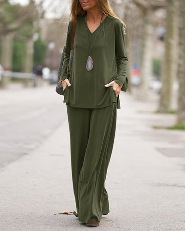 two piece set solid long sleeve sweatshirt wide leg pants casual loose outfit suit