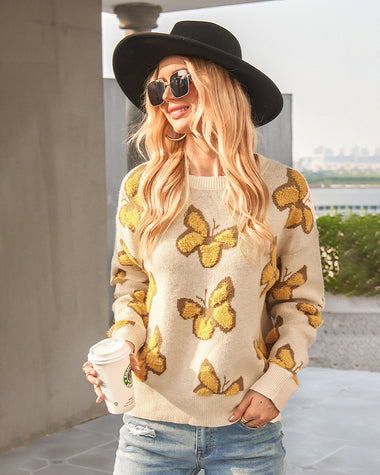 Butterfly Print Crew Neck Oversized Knit Sweater