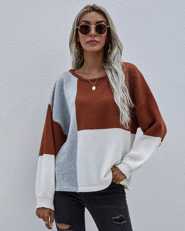 Knitted Color Block Pullover Lightweight Loose Casual Sweater