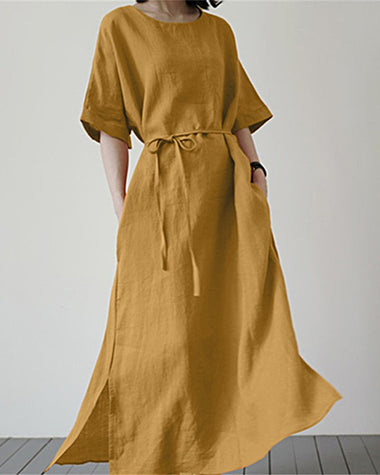 Loose Plus Size Solid Color Short Sleeve Belted Slit Dress