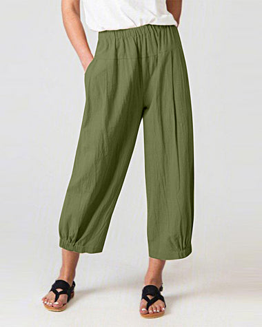 Solid Color Elastic Waist Stitching Straight High Waist Cropped Casual Pants