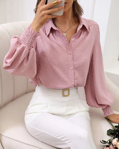V Neck Crinkle Crepe Lantern Sleeves Shirt Top Button-Down Loose Blouse