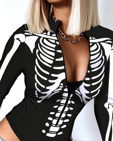 Skeleton Print Zip Front Long Sleeve Bodysuit