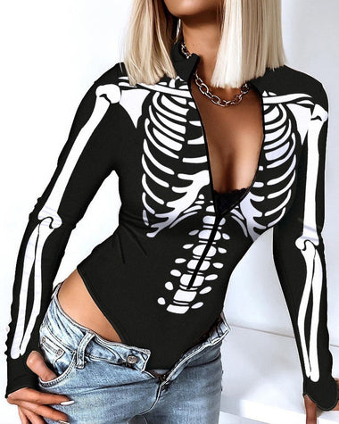 Skeleton Print Zip Front Long Sleeve Bodysuit