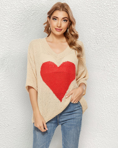 V Neck Crochet Sweater Off Shoulder 3/4 Sleeves Loose Knit Cute Heart Pullover Top