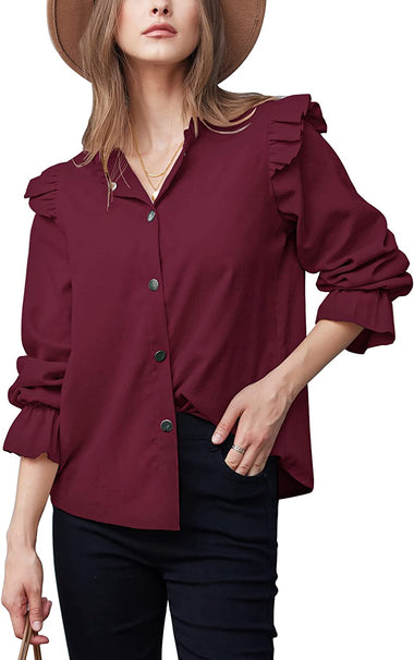 Women Corduroy Shirts Long Sleeve Button Down Shacket Jacket Ruffle Blouses Top S-XXL - Zeagoo (Us Only)