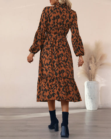 Long-sleeved Leopard Print Button Mid Dress with Belt