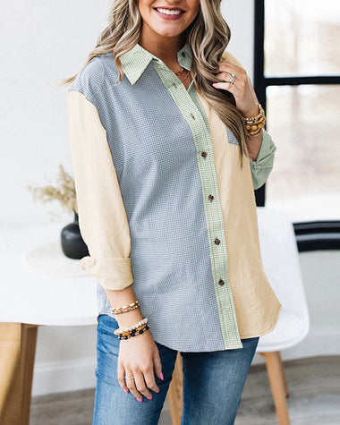 Plaid Colorblock Buttons Long Sleeve Shirt