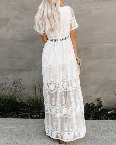 Boho Maxi Dress Embroidery White Lace Loose Holiday Beach Maxi Dress