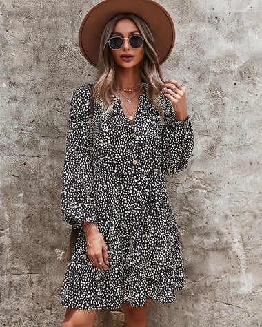 Loose V-neck Bubble Sleeve Leopard Print Dress