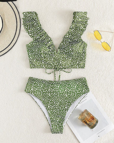 Ruffle V-neck Bikini Sets Swimwear Lace Up Bathing Suit