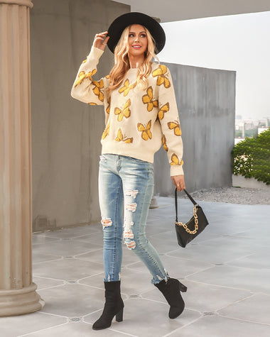 Butterfly Print Crew Neck Oversized Knit Sweater