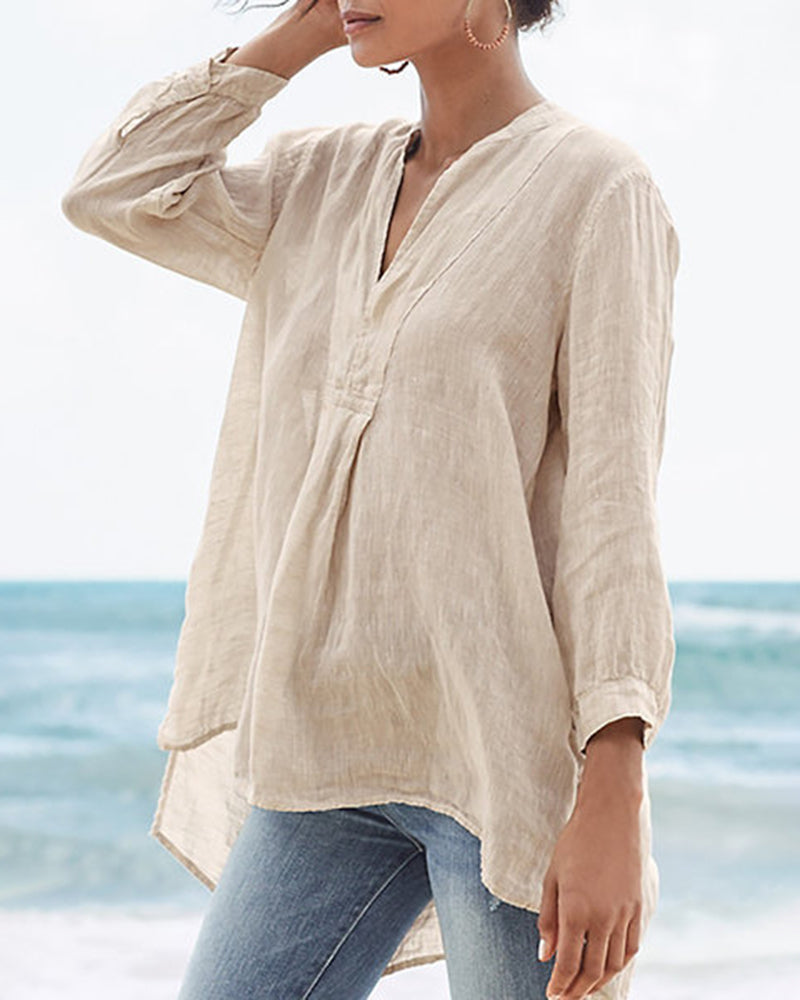 Cotton and Linen Loose Baggy Plus Size V Neck Long Sleeve Beach Shirts ...