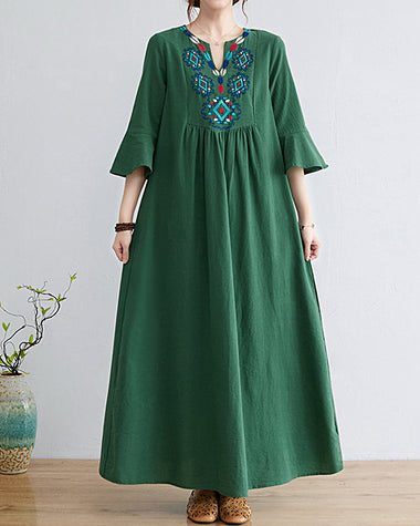 Loose Embroidered Floral Cotton Linen V-Neck 3/4 Sleeve Dress