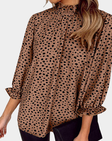 Leopard Printed Long Sleeve Ruffle Hem Babydoll Blouse Shirt Tunic Top