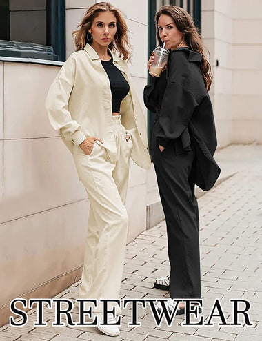 Women 2 Piece Outfits Sets Linen Button Down Long Sleeve Shirts and Wide Leg Pants Sets - Zeagoo (Us Only)