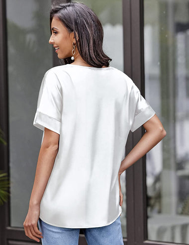 Women's Elegant V Neck Short Sleeve Satin Silk Blouse Tops - Zeagoo (Us Only)