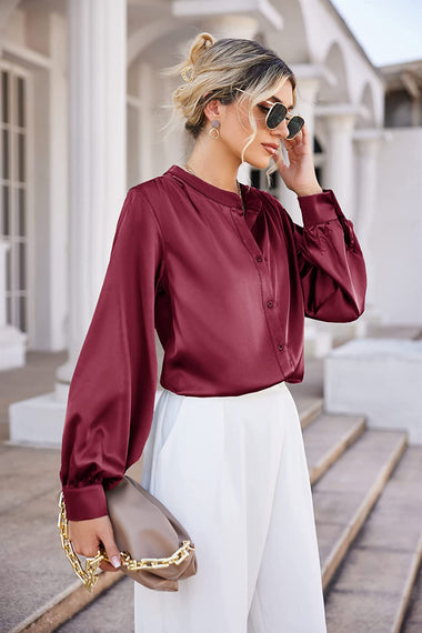 Women's Silk Button Down Shirts V Neck Long Sleeve Casual Work Office Blouse Top - Zeagoo (Us Only)