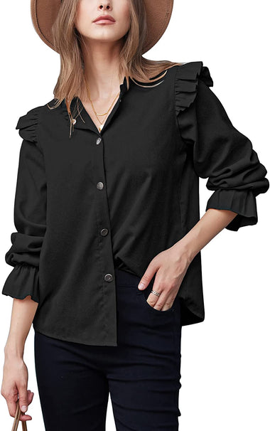 Women Corduroy Shirts Long Sleeve Button Down Shacket Jacket Ruffle Blouses Top S-XXL - Zeagoo (Us Only)