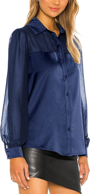 Womens V Neck Button Down Shirts Satin Silk Blouse Mesh Long Sleeve Casual Work Tops - Zeagoo (Us Only)