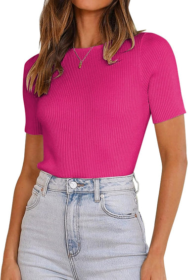 Zeagoo Women's Short Sleeve Basic Slim Fit Tops Crewneck Ribbed Knit T Shirt Cute Summer Outfits