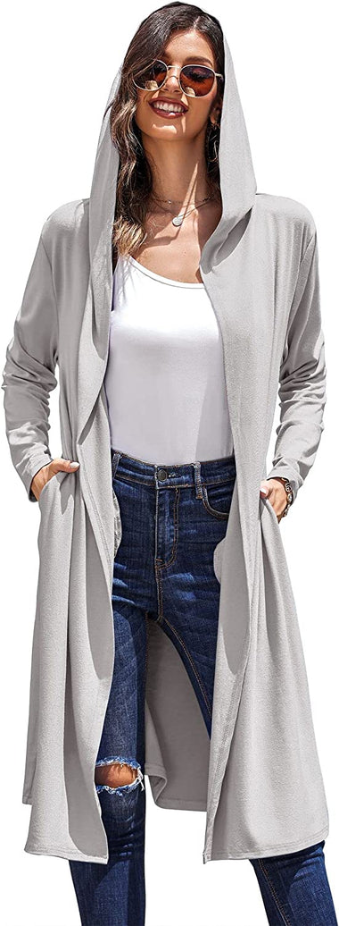 Hooded Long Cardigans Maxi Cardigan with Hood Open Front Lightweight Duster Coat with Pocket - Zeagoo (Us Only)
