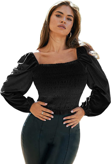 Womens Blouses Long Sleeve Crop Tops Square Neck Sexy Casual Slim Fitted Velvet Tops S-3XL - Zeagoo (Us Only)