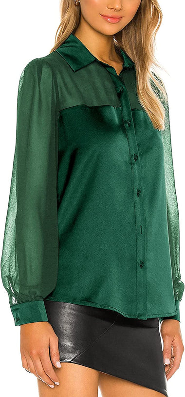 Womens V Neck Button Down Shirts Satin Silk Blouse Mesh Long Sleeve Casual Work Tops - Zeagoo (Us Only)