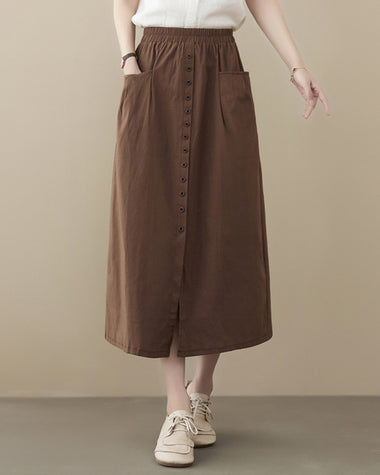 Casual High Waist Flared A-line Skirt Pleated Midi Skirt with Pocket