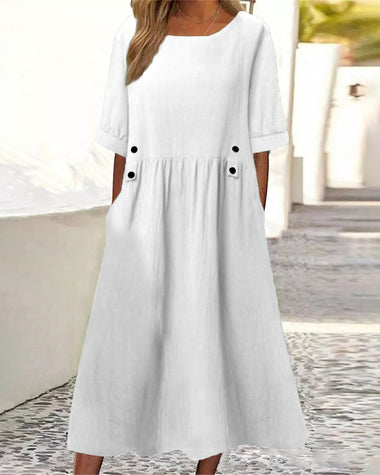 Casual Loose Round Neck Cotton Linen Long Dresses with Pockets