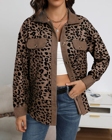 Leopard Jacket Long Sleeve Lapel Button Down Corduroy Shirts