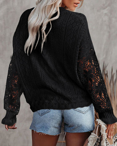 Long Sleeve Lace Cable Knit Sweater Open Front Cardigan Button Loose Shirts