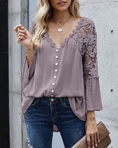 Lace Boho Blouses Crochet Flowy Bell Sleeve Button Down Casual T Shirts