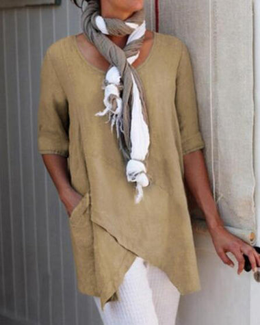 Irregular Hem Cotton Linen Round Neck Solid Color Half Sleeve Casual Loose Tunic Tops