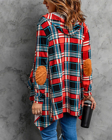 Elbow Patch Hooded Plaid Cardigan