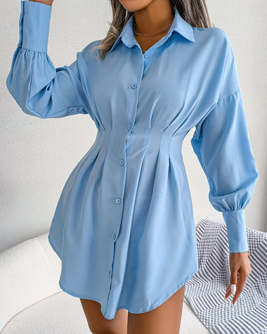 Lantern Sleeve Waisted Asymmetric Shirt Dress