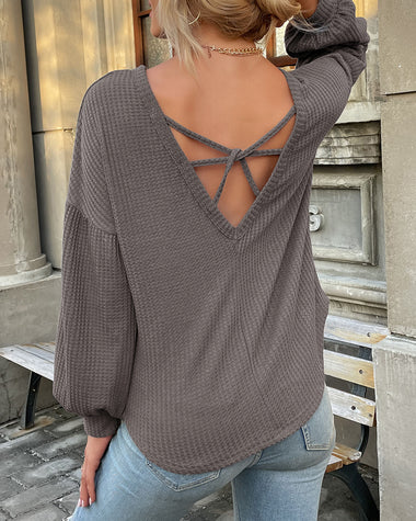 Long Sleeve Backless Hollow Knit Sweater