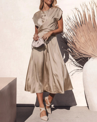 Satin Midi Dress Cap Sleeve Tie Waist Elegant A-Line Flowy Dresses ZEAGOO Satin Midi Dress Cap Sleeve Tie Waist Elegant A-Line Flowy Dresses ZEAGOO