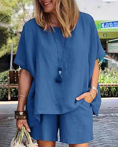 Two Piece Outfits Solid Color Short Sleeve Blouse Casual Retro Loose Shorts Sets