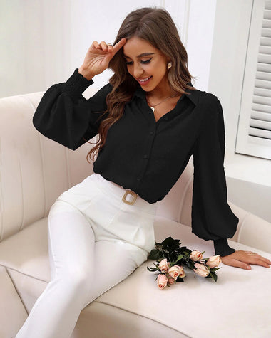 V Neck Crinkle Crepe Lantern Sleeves Shirt Top Button-Down Loose Blouse