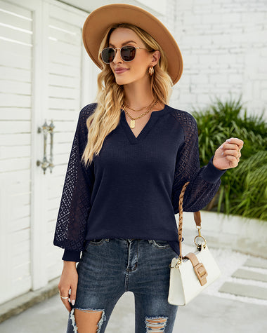 V Neck Tops Solid Color Blouse Long Sleeve Pullover Lace Patchwork Shirt